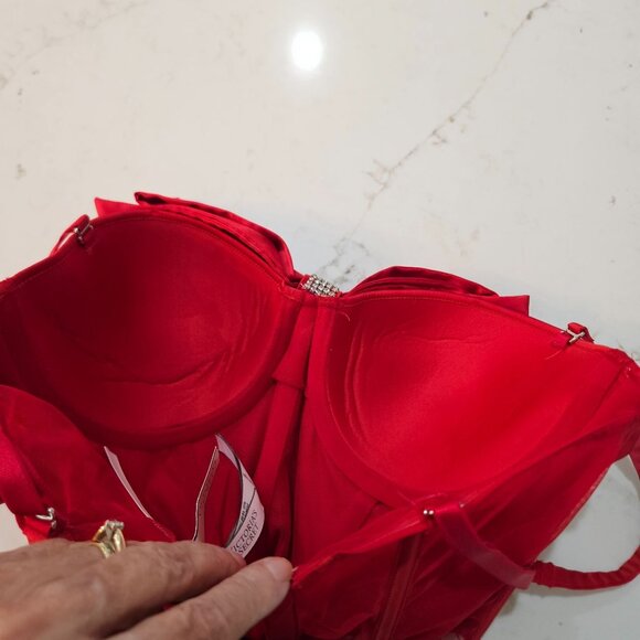 Victorias Secret Red Cupped Bow Bra Top 34C Corset Bustier Rhinestone NEW! - Picture 6 of 10